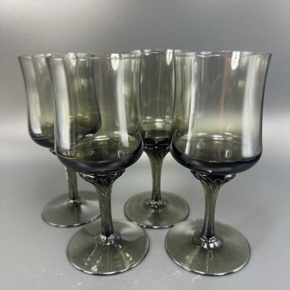 Vintage Royal Prestige Smoke Grey Green Twisted Stem Glasses Goblets Cups Set‎ 4
